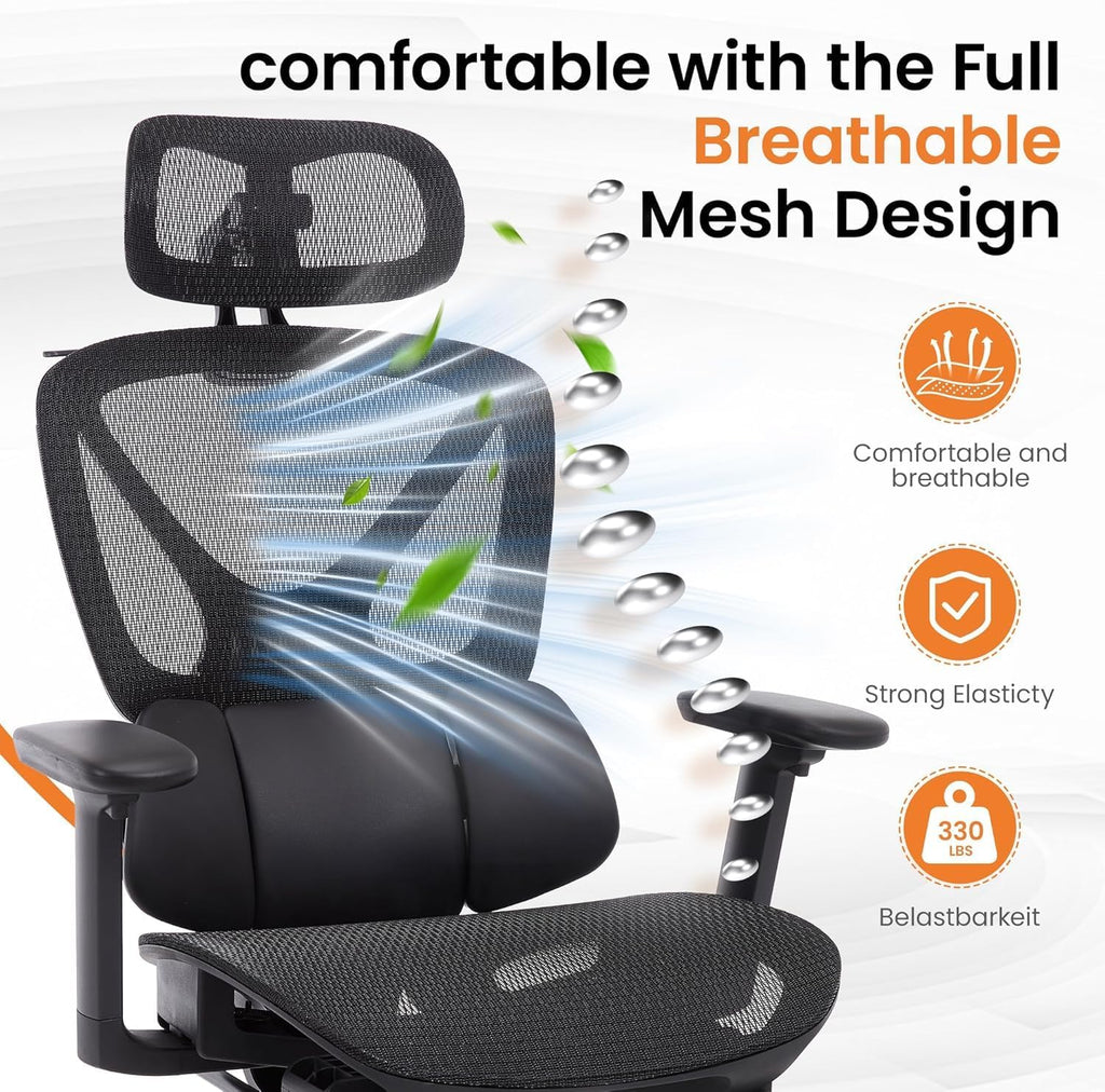 LuxErgo High Back Ergonomic Mesh Office Chair, Home Desk Chair with Adjustable Lumbar Support Foot Rest, 3D Headrest and Armrests, 350lbs Big and Tall High Back Reclining Gaming Chair, Black - Image 6