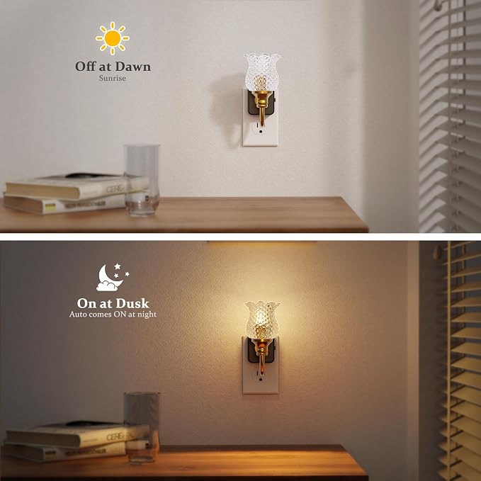 JandCase Night Light, Glass Night Lights Plug into Wall 2 Pack | Dimmable Floral LED Nightlight, 0-100LM Flower Nightlights, Dusk to Dawn Sensor, 1W Vintage Nite Light for Bathroom Gift - Image 3