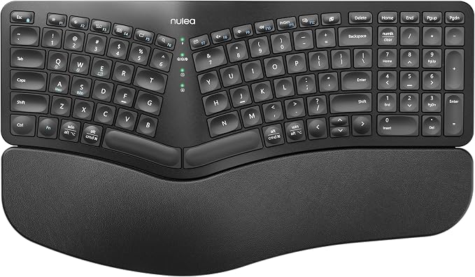 Nulea Wireless Ergonomic Keyboard, Split Keyboard with Cushioned Wrist Rest, Bluetooth and USB Connectivity, USB-C Rechargeable, Compatible with Windows Mac(Black) by Nulea