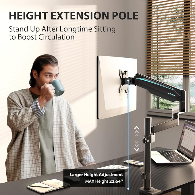 EUREKA ERGONOMIC Single Monitor Desk Mount, Adjustable Gas Spring Monitor Arm for LCD PC Screen 13-32 inch, Max 17.6 LBS, Computer Monitor Stand W C Clamp & Grommet Base, VESA 75x75mm,100x100mm, Black - Image 2