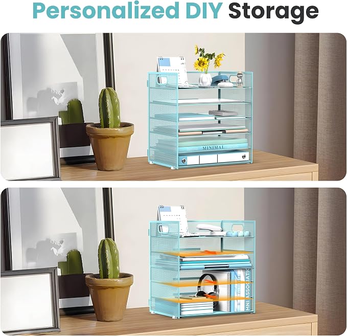 Daltack 6-Tier Paper Organizer for Desk with Handle, Blue | Sturdy Metal Mesh Organizer with Movable Middle Trays and a Carry Handle for Papers, Folders and Office Supplies - Image 2