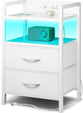 Lazzanto Nightstand with Rear Charging Station, LED Light, 2 Drawers, White | Industrial Nightstand, 2 USB-A Ports & AC Outlets, Raised Back Guard, Fabric Storage Drawers, Bedside Table for Bedroom, Dorm by Lazzanto