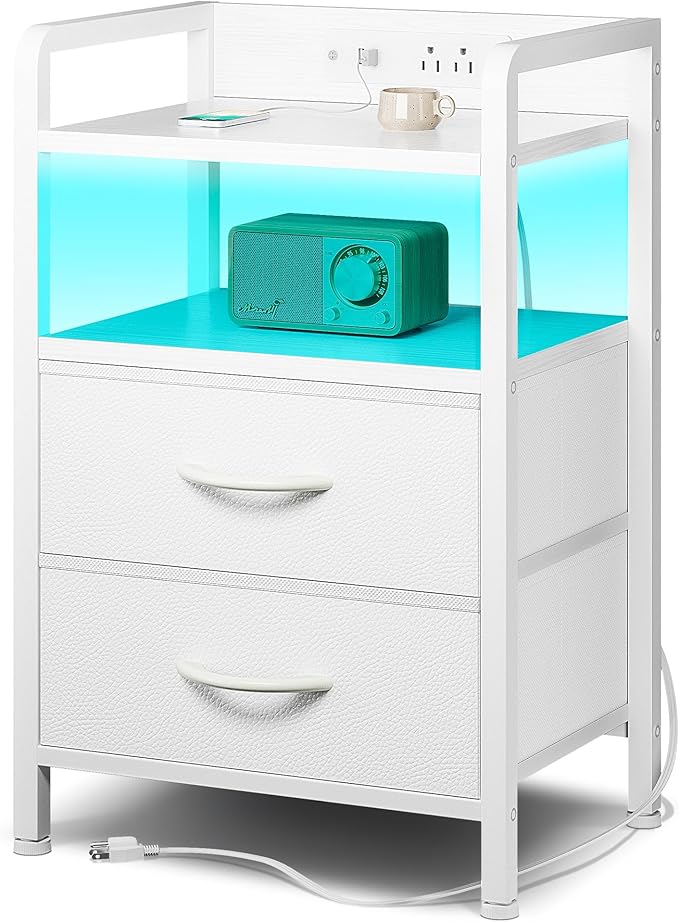 Lazzanto Nightstand with Rear Charging Station, LED Light, 2 Drawers, White | Industrial Nightstand, 2 USB-A Ports & AC Outlets, Raised Back Guard, Fabric Storage Drawers, Bedside Table for Bedroom, Dorm by Lazzanto