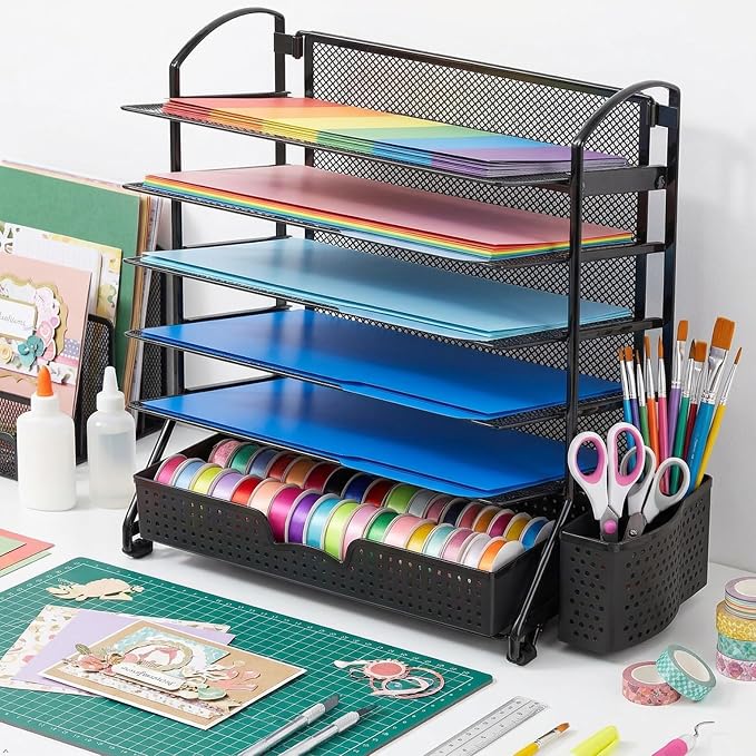Simple Houseware 6-Tier Desk File Organizer w/Drawer & Pen Holder, Black | 5 Tilted Letter Trays for A4 Paper, Mail and Documents - Image 11