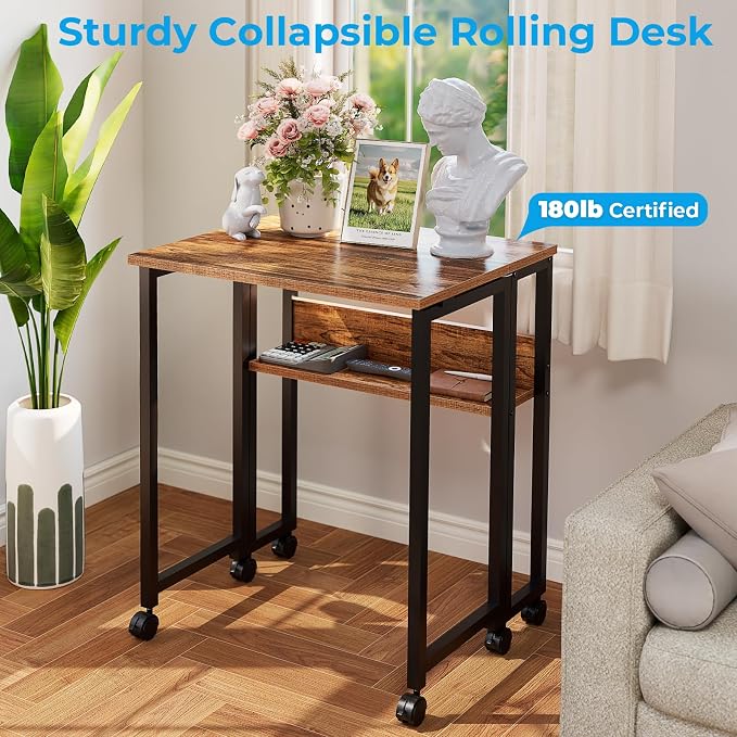 GreenForest Folding Desk with Wheels, 31.5" Rolling Table for Small Spaces | Storage Shelf, Lockable Casters, Compact Portable Workstation, Space-Saving Foldable Sofa Table, Home Office, Mobile, Walnut - Image 8