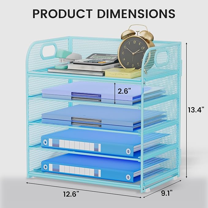 Paper Organizer Letter Tray with Handle Mesh 5-Tier | Stackable Desk Organizer for Files/Paper/Office Supplies, Sturdy Carbon Steel Desk Organizer for Home Office & Classroom - Image 2