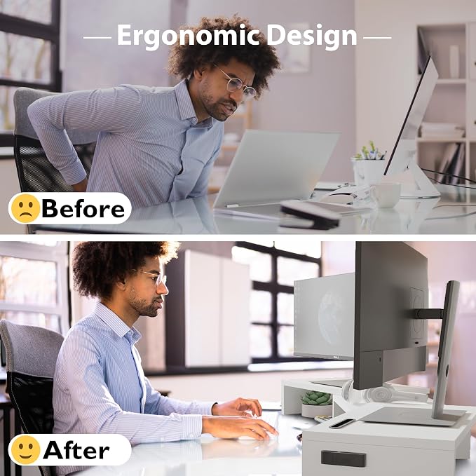 BONTEC Dual Monitor Stand Riser, Adjustable Length & Swivel Angle, White | Ergonomic Wooden Desktop Organizer with Smartphone Holder, Computer Monitor Stand for PC, Laptop, Printer and Large Storage - Image 4