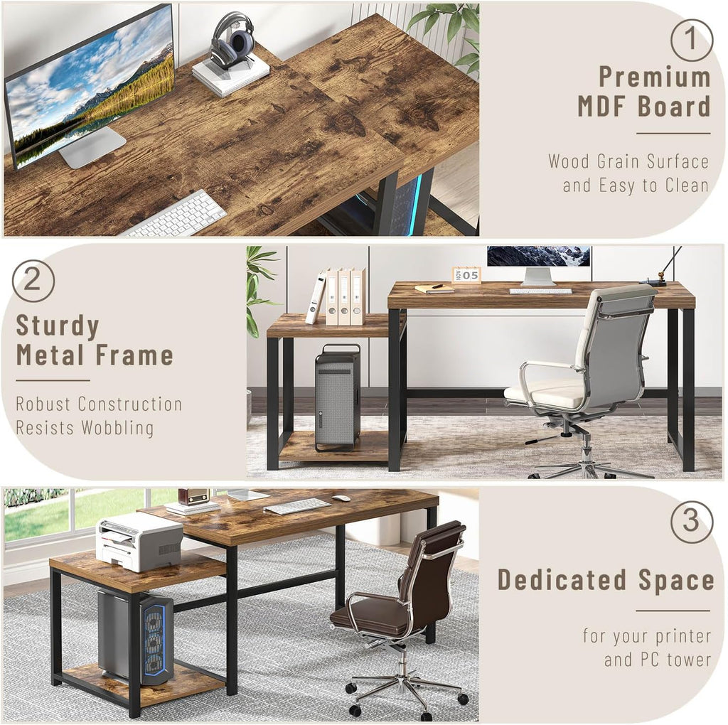 Large Computer Desk for Home Office with Printer Space, Wood Study Gaming Workstation Table with Storage Shelves, Long Writing Desk for Bedroom Living Room, Rustic Brown, 63 Inch - Image 5