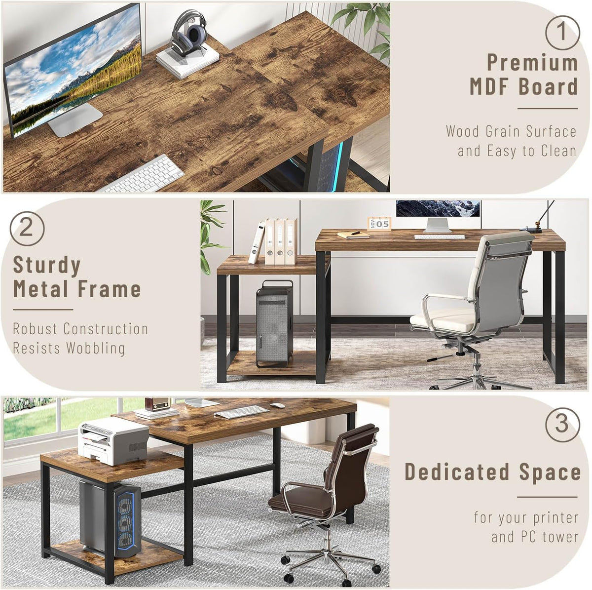 Large Computer Desk for Home Office with Printer Space, Wood Study Gaming Workstation Table with Storage Shelves, Long Writing Desk for Bedroom Living Room, Rustic Brown, 63 Inch - Image 5