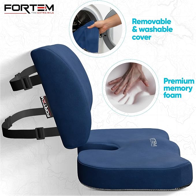 FORTEM Seat Cushion & Lumbar Support for Office Chair, Wheelchair, Car | Memory Foam | Ergonomic Design | Washable Cover | Non Slip | Blue - Image 3