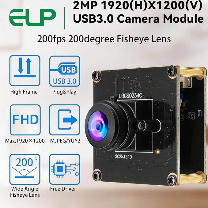 ELP High Speed 200FPS Global Shutter USB3.0 Fisheye Camera Module Wide Angle 180degree Webcam Board for Computer Mini UVC USB3.0/2.0 PC Camera Fast Frame Lightburn Cameras 1200P 120fps 200° Webcamera - Image 2