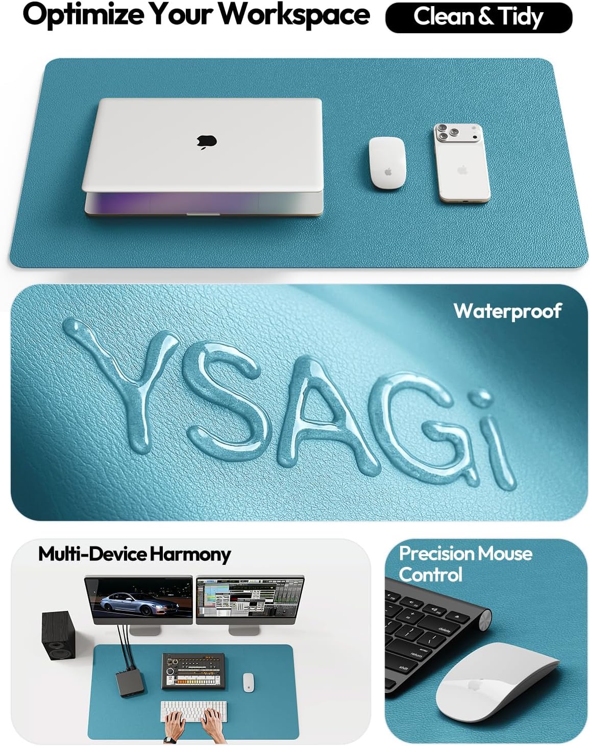 YSAGi Leather Desk Pad Protector, Office Desk Mat, Large Mouse Pad, Non-Slip PU Leather Desk Blotter, Laptop Desk Pad, Waterproof Desk Writing Pad for Office and Home (Turquoise, 23.6" x 13.8") - Image 8