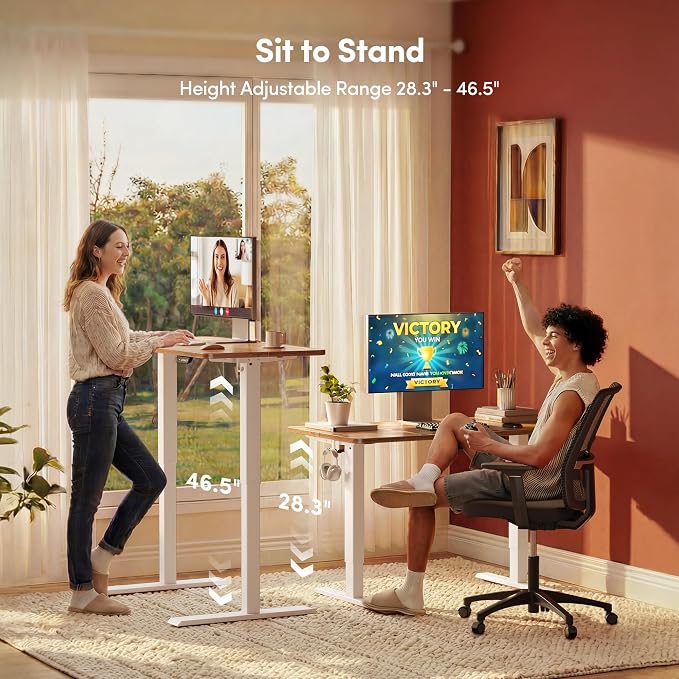 FEZIBO 48 x 24 Inchs Electric Standing Desk, Height Adjustable, Sit Stand Up, Computer Office Desk with Splice Board, White Frame/Light Rustic Top | Sit and Stand Up Adjustable Desk, Home Office Computer Desk with 3 Customizable Memory Presets - Image 5