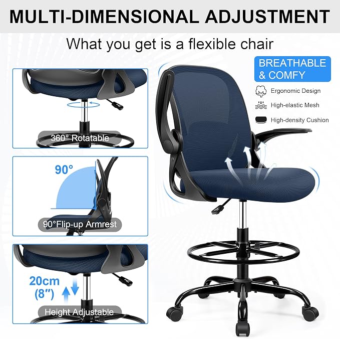 Drafting Chair Tall Office Chair with Flip-up Armrests, Adjustable Height, Enhanced Lumbar Support Ergonomic Rolling Stool, Back Support, Adjustable Foot Rest Ring for Standing Desk Navy - Image 5
