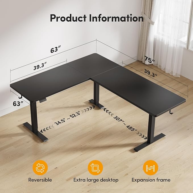 CubiCubi 75“ x 63" L Shaped Standing Desk Adjustable Height, Electric Corner Desk, Sit Stand Home Office Desk with Splice Board, Black - Image 2