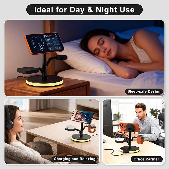 Wireless Charger, 3 in 1 Magnetic Charging Station for Apple Device | Fast Charging Tree-Shaped Stand with 20W Adapter, Qi-Certified Charger for iPhone 12-17 Series, Apple Watch, AirPods - Image 7