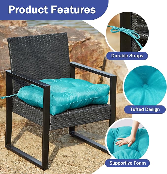 IPYNBAP Outdoor Chair Cushions Set of 4, Patio Chair Cushions with Ties, 19x19+5” Tufted Outdoor Seat Cushions, Waterproof Patio Furniture Cushions, Outdoor Dining Chair Pads, Teal - Image 5