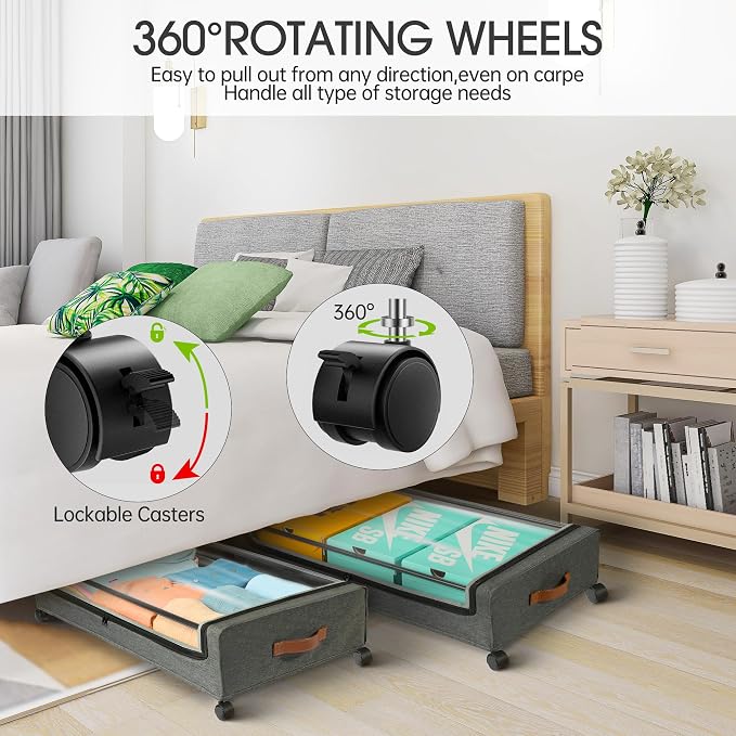 Yecaye Under Bed Storage with Wheels, 2Pack Under Bed Storage Containers, Underbed Shoe Storage Organizer, Rolling Under Bed Metal Drawers for Clothes, Blankets(30.71 x 16.93 x 6.69 in) (Pack of 2) - Image 4