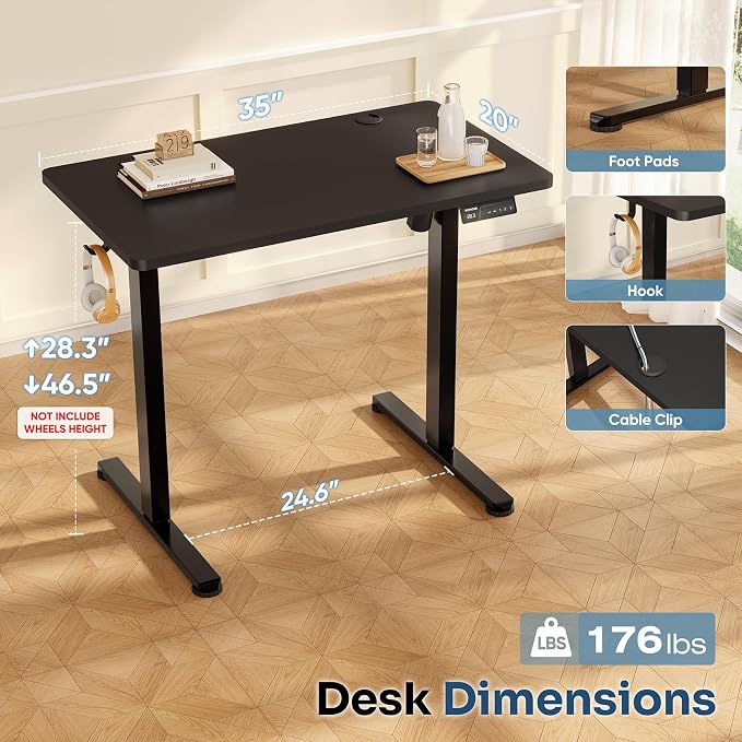 Monomi 35"x20" Small Electric Standing Desk,Whole Piece Desktop,Black | Height Adjustable Desk with Memory Controller and wheels, Sit Stand Computer Workstation for Home Office,Space Saving - Image 2