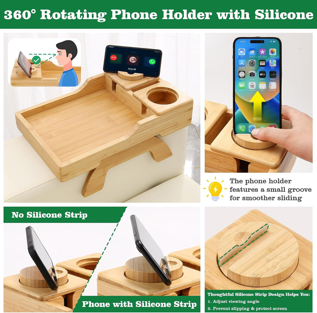 Bamboo Couch Cup Holder, 4 in 1 Couch Arm Trays with 360°Rotated Phone Holder, Non-Slip Clip on Side Table for Drinks/Remote/Snacks, Ideal Gift for Husband, Wife, Parents - Image 4