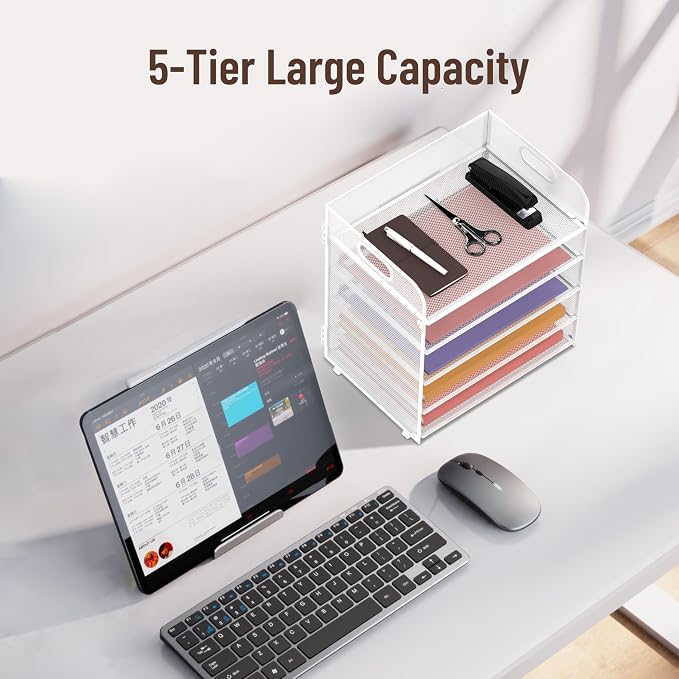 5 Trays Paper Organizer Letter Tray with Handle-Mesh Desk File Holders, Paper Sorter Desk Organizer for Office, Home, Classroom or School, White - Image 6