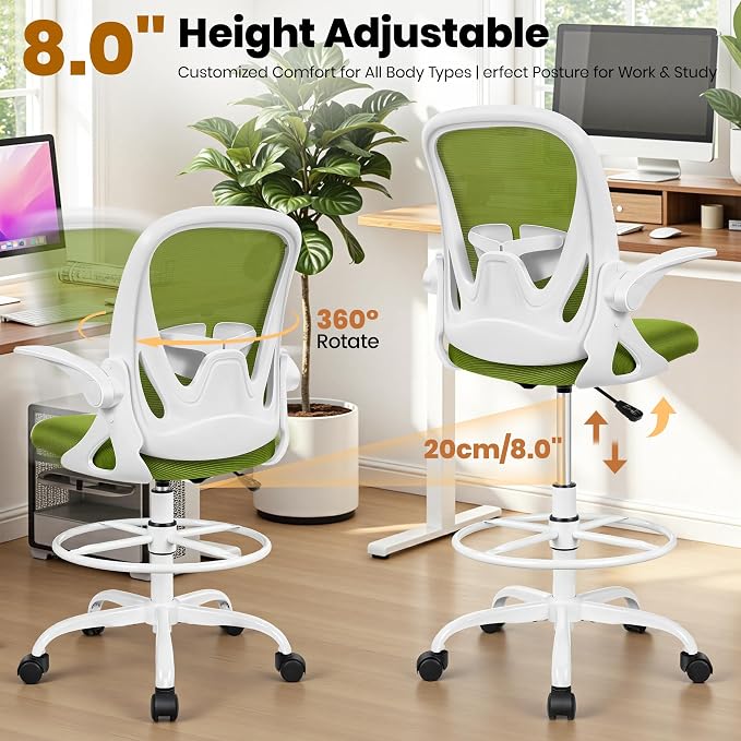 Drafting Chair Tall Office Chair with Flip-up Armrests Executive Ergonomic Computer Standing Desk Chair with Lumbar Support and Adjustable Footrest Ring (AvocadoGreen) - Image 6