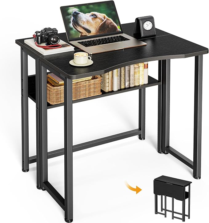Huuger Folding Desk with Storage Shelf, 23.6 Inch Foldable Computer Table | Writing Work Office Computer Desk for Small Spaces, Space Saving Sofa Table for Couch, Easy to Fold, Black by Huuger