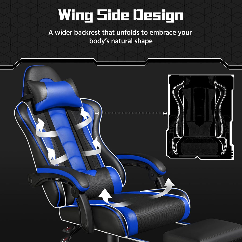 Yaheetech Gaming Chair with Footrest Massage Lumbar Pillow Black and Blue - Image 7