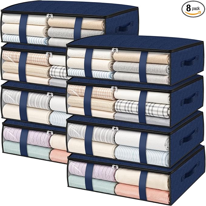 StorageRight Under Bed Storage Bags, 8 Pack, 40L, Blue | Breathable Non-Woven Fabric with a Clear Window and Zippered Top for Clothes, Comforters, Blankets and Seasonal Storage by StorageRight