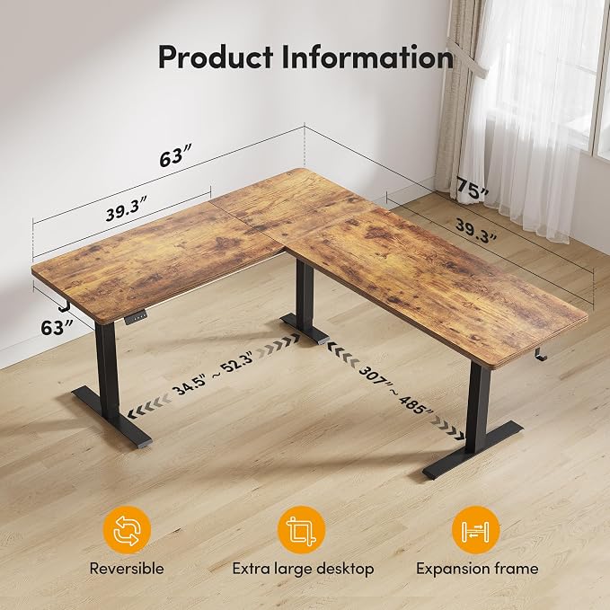 CubiCubi 75“ x 63" L Shaped Standing Desk Adjustable Height, Electric Corner Desk, Sit Stand Home Office Desk with Splice Board, Rustic Brown - Image 2