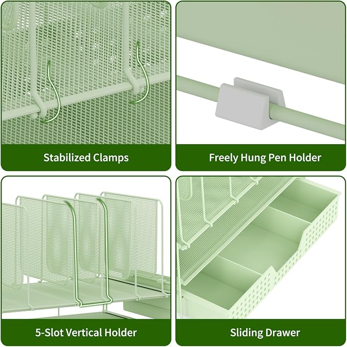 LEKETREE Green Desk Organizer, Office Organization with Vertical File Holder, File Organizer with Drawer and Pen Holder, Desk Accessories and Workspace Organizers for Home Office (Green) - Image 5