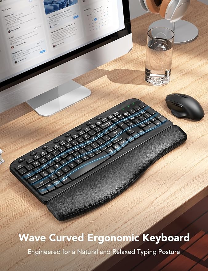 Wireless Keyboard and Mouse Combo with Ergonomic Wave Keys | Leather Soft Palm Rest, 2.4G Full Size, 6-Button Mouse, 4-Level DPI, USB-A/C, MA12 Silent Set for PC, Laptop, Windows, macOS - Image 2