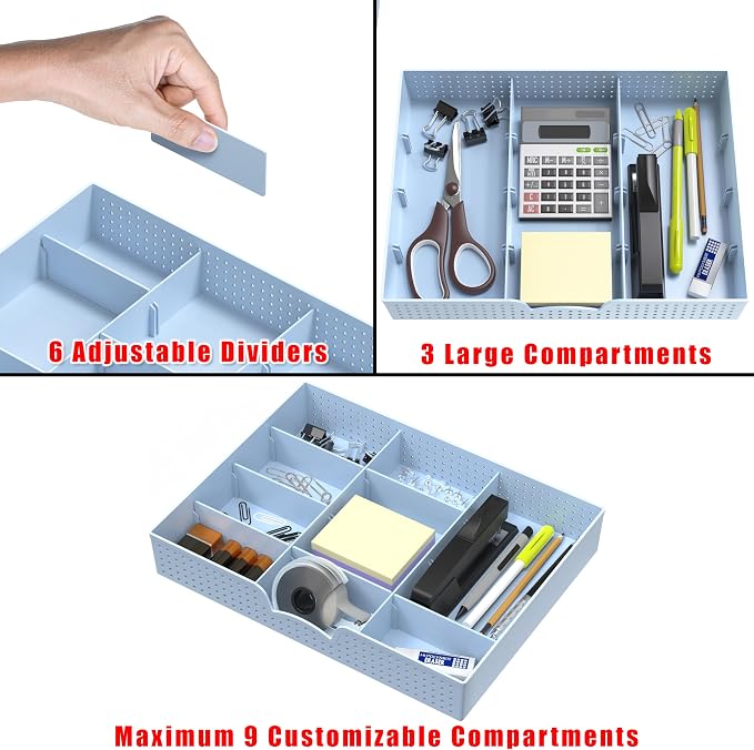 Simple Houseware Drawer Organizer Tray, 9 Adjustable Compartments, Blue | For Office, Makeup, and Craft Drawer or Desktop Storage - Image 3