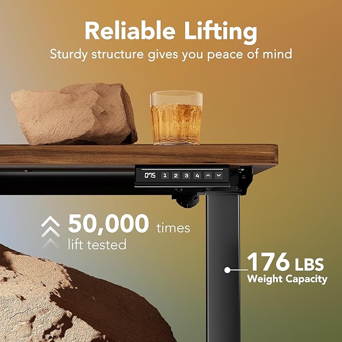 HUANUO 48x24 Inch Electric Standing Desk, Height Adjustable, Walnut | 176 Lbs Capacity, Smooth Home Office Desk, 4 Memory Presets & Headphone Hooks, 28.3–46.5 Inch Height Range, Easy to assemble - Image 7