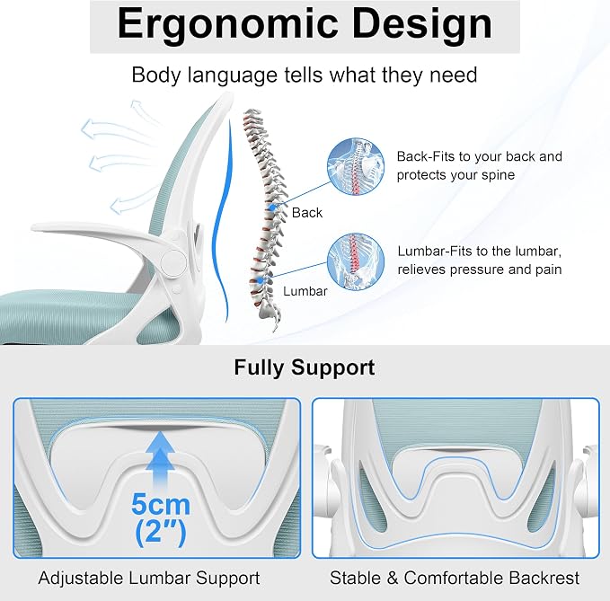 Drafting Chair Tall Office Chair with Flip-up Armrests, Adjustable Height, and Enhanced Lumbar Support - Ergonomic Rolling Stool, Back Support, and Adjustable Foot Rest Ring Light Blue - Image 3