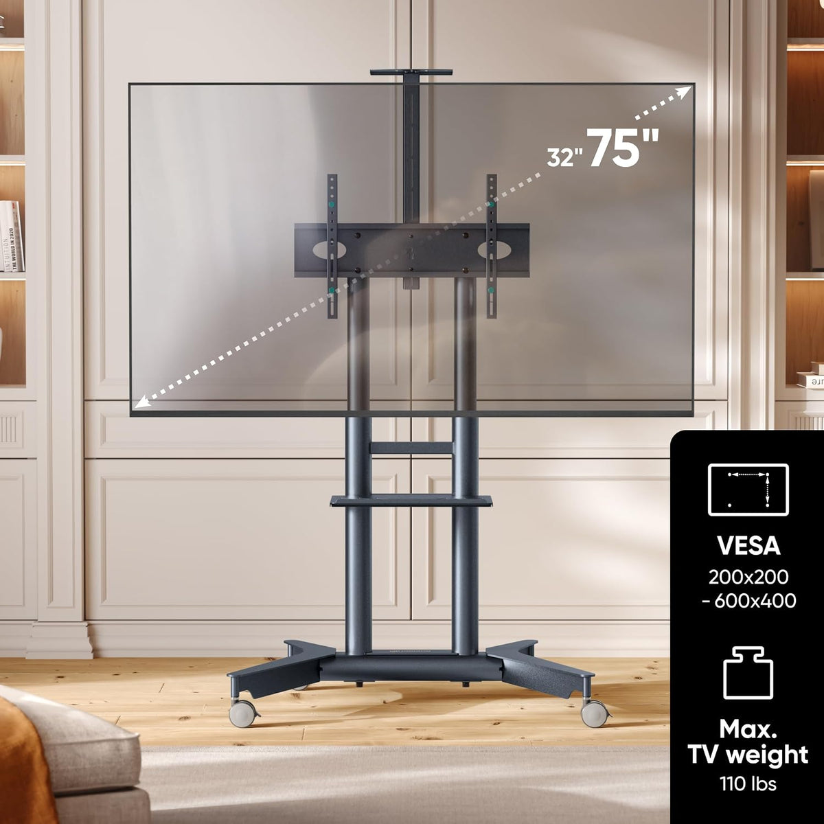 ONKRON Mobile TV Stand on Wheels 32-75", 110 lbs, VESA 600x400, Graphite - Image 2