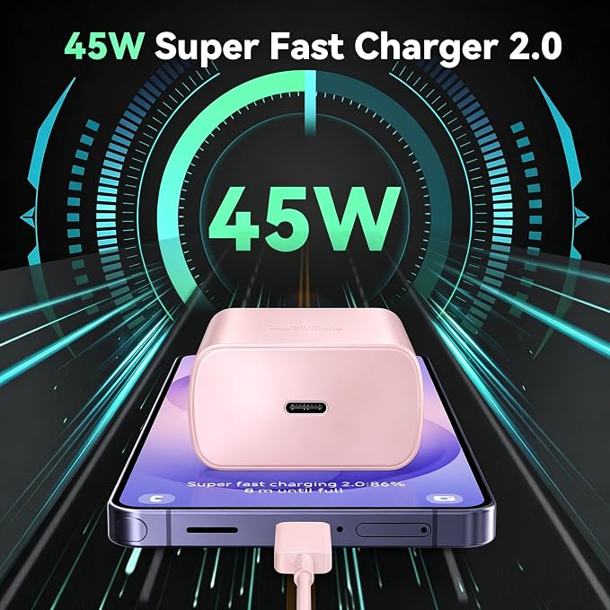 45W Super Fast Charger USB C Android Phone Type C Charger Fast Charging Block with 6.6FT Cord for Samsung Galaxy S26/S26 Ultra/S26+/S25 Ultra/S25/S24 Ultra/S24/S23 Ultra/S22/S21/S20/Note 10, Pink - Image 6