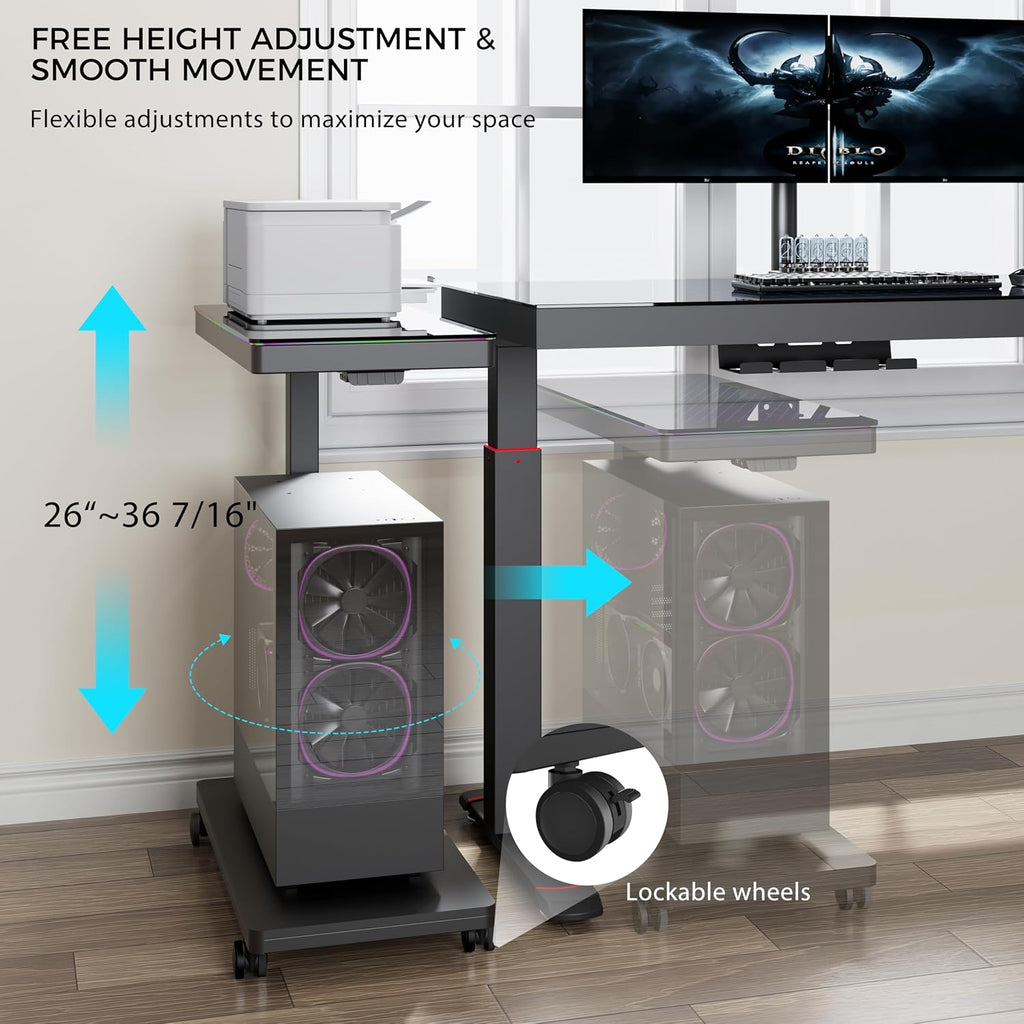 EUREKA ERGONOMIC Height Adjustable Computer Tower Stand, Illuminated Glass Panel PC Stand w/RGB Lights, 2-Tier CPU Holder Cart Under Desk, PC Floor Stand for Office Gaming, APP Control - Image 4