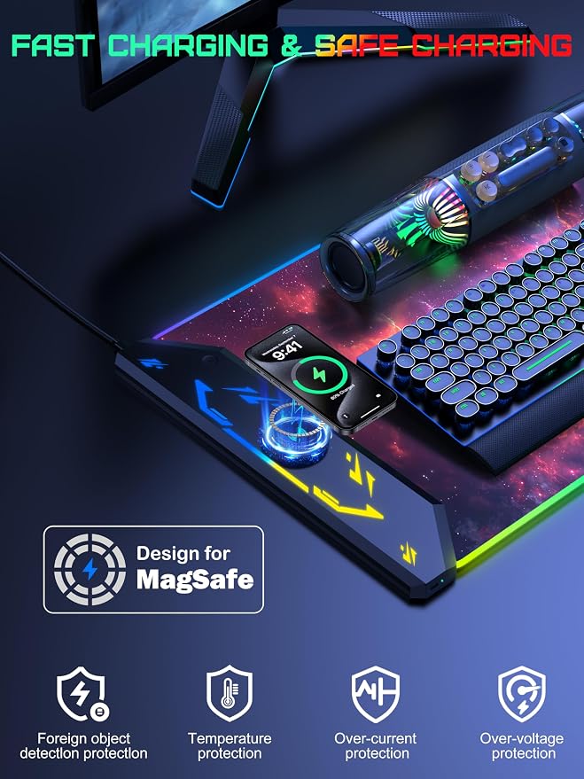 TopMade Wireless Charging Mouse Pad, RGB Gaming Mousepad, 35.4" x 15.8" Extra Large Waterproof Keyboard Desk Pad, Computer Desk Mat, Red Nebula (Includes 20W PD Power Adapter & 6.56ft Woven Cable) - Image 2