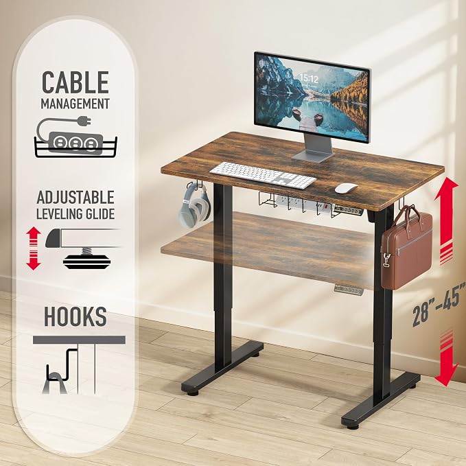 SHW 40 x 22 Inches Electric Height Adjustable Stand Desk, Rustic Brown | with Hanging Hooks and Cable Management, Black Frame and Rustic Brown Top - Image 4