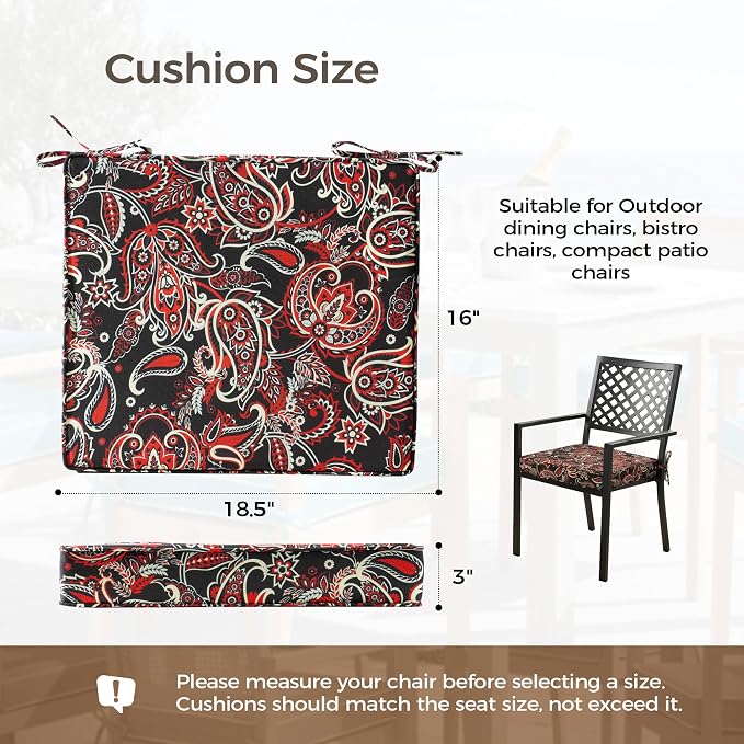 UNIKOME Outdoor Chair Cushions Set of 4, Water Resistant Patio Seat Cushions with Ties for Outdoor Furniture, High-Density Foam, UV & Fade Resistant, Piped Edge – 18.5" x 16" x 3", Red Paisley Floral - Image 2