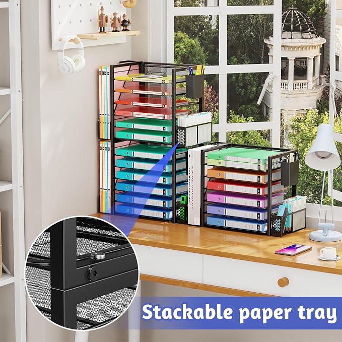 Simple Trending 6 Tier Metal Desk File Organizer with 2 Pen Holders, Black | 18"L x 9"W x 13"H, 6 Trays + Side file holder + 2 pen holders, sturdy metal frame, non-slip base, easy assembly, 24h support. - Image 7