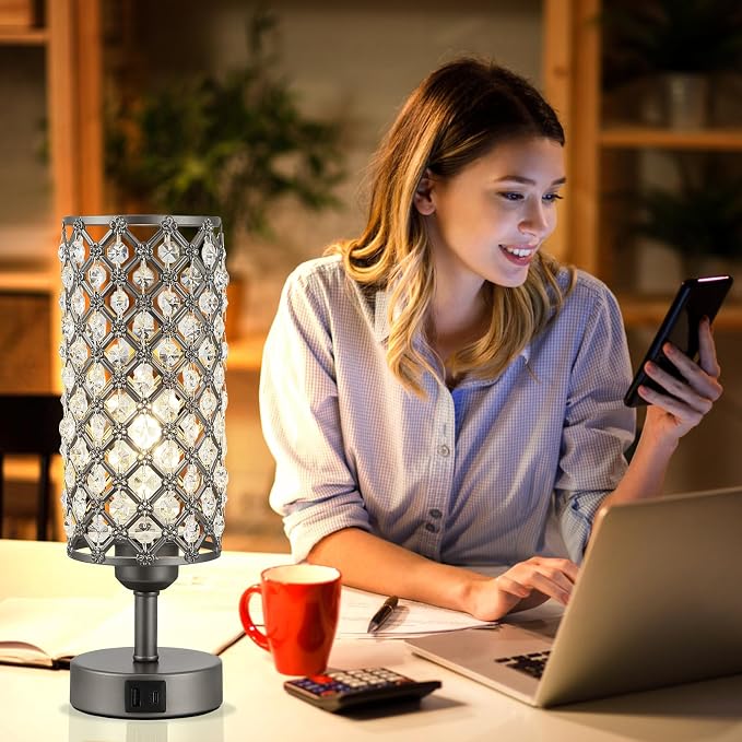 Crystal Table Lamp, 3 Way Dimmable Touch Lamps for Night Stands, Gray | Gray Crystal Bedside Lamp, Nightstand Lamp for Bedroom - Image 7