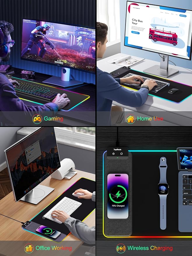 TopMade Mouse Pad with Wireless Charging, 31.5" x 11.81" Large Desk Mat RGB Gaming Mousepad, LED Desk Pad Keyboard Pad with Ultra-Smooth Surface & Non-Slip Rubber Base, Waterproof Desk Pad - Image 8