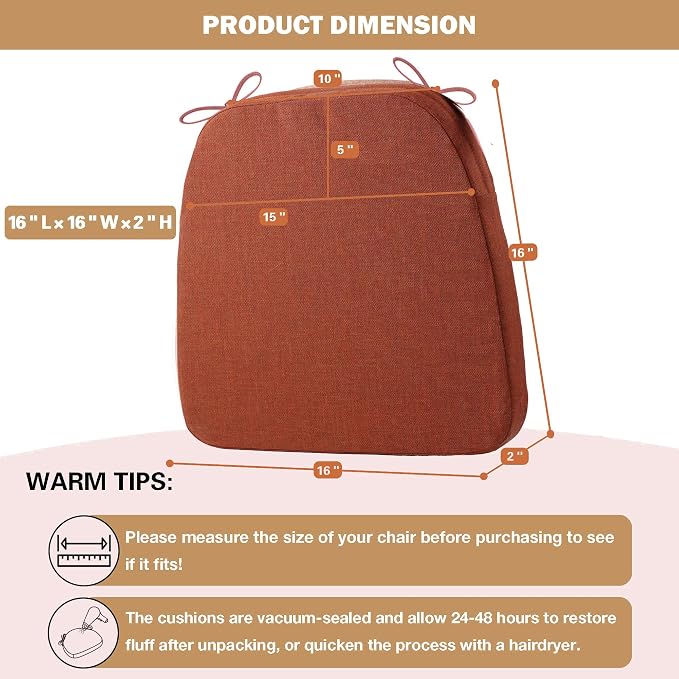 Battilo Chair Cushions for Dining Chairs with Ties, Outdoor Waterproof Kitchen Chair Pad with Non-Slip Backing, Seat Cushions with Machine Washable Removable Cover, 16"x16"x2", Set of 2, Caramel - Image 3