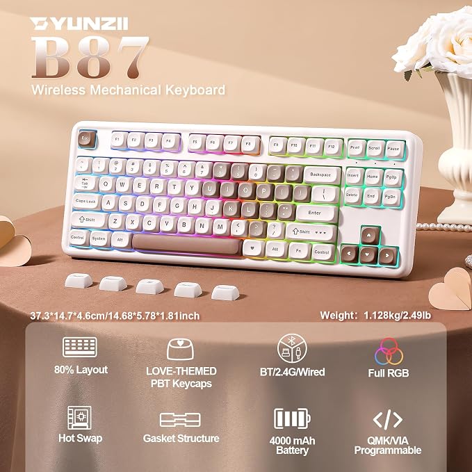 YUNZII B87 TKL Wireless Mechanical Keyboard (Brown Heart, MilkV2) | QMK/VIA, Wrist Rest, CreamyTyping, Cute MOA Keycaps, Gasket Mount, Hot Swap, RGB Backlit, NKRO, BT/2.4G/USB-C, for Win/Mac - Image 2