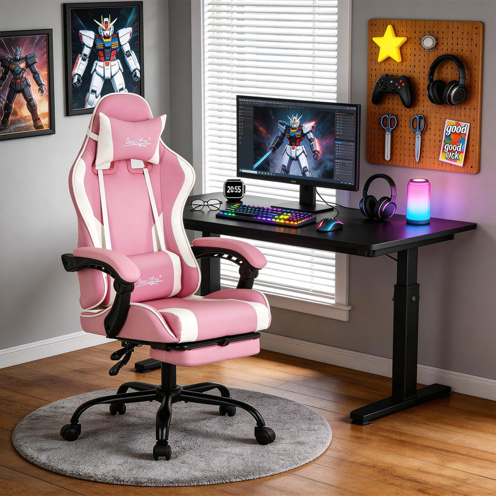 Gaming Chair Office Chair Desk Chair with Footrest Lumbar Support Headrest Armrest Task Rolling Swivel Ergonomic E-Sports Adjustable PC Gamer Chair(Pink) - Image 2