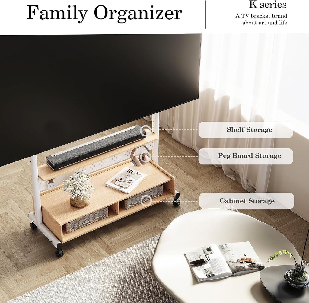 FITUEYES Rolling TV Stand for 70-100 Large TVs, Height-Adjustable, White - Image 2
