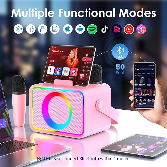 Karaoke Machine for Kids Adults,Portable Bluetooth Speaker with 2 Wireless Microphone with LED Lights, Karaoke Microphone with PA System Supports USB/TF/AUX,Gift for Party(Black) (Pink) - Image 5