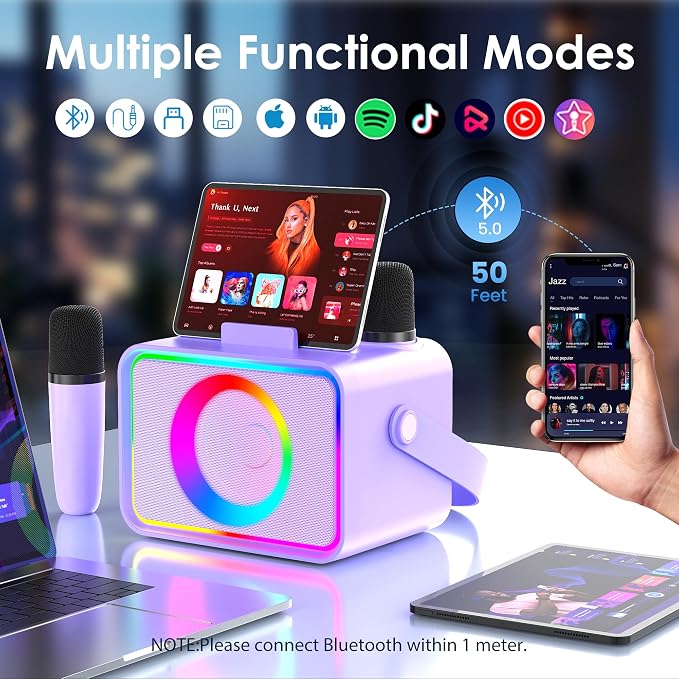 Karaoke Machine for Kids Adults,Portable Bluetooth Speaker with 2 Wireless Microphone with LED Lights, Karaoke Microphone with PA System Supports USB/TF/AUX,Gift for Party (Purple) - Image 5